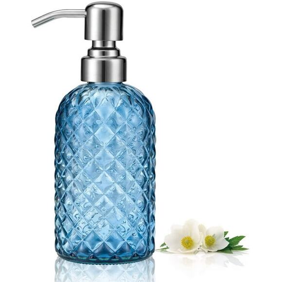 Set of 2 Diamond Stripe Glass Soap Dispensers 12 oz - Picture 1 of 6
